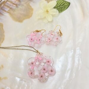 Pink Japanese Sakura Resin Gold Necklace and Earring Set